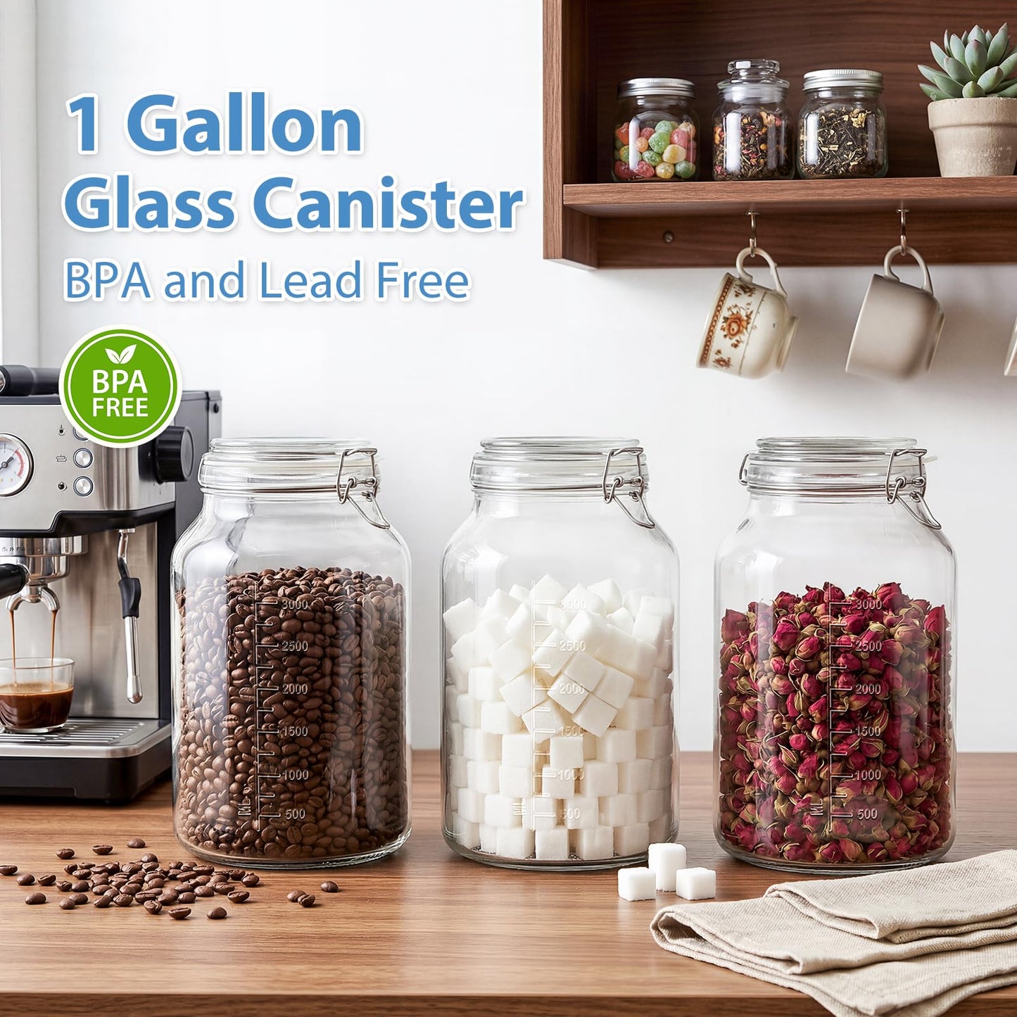 1 Gallon Super Wide Mouth Glass Storage Jars with Airtight Lids and 2 Measurement Marks, Leak Proof Glass Container with Hinged Lids, Large Pickle Jars with Labels and Silicone Gasket, 2 Pack
