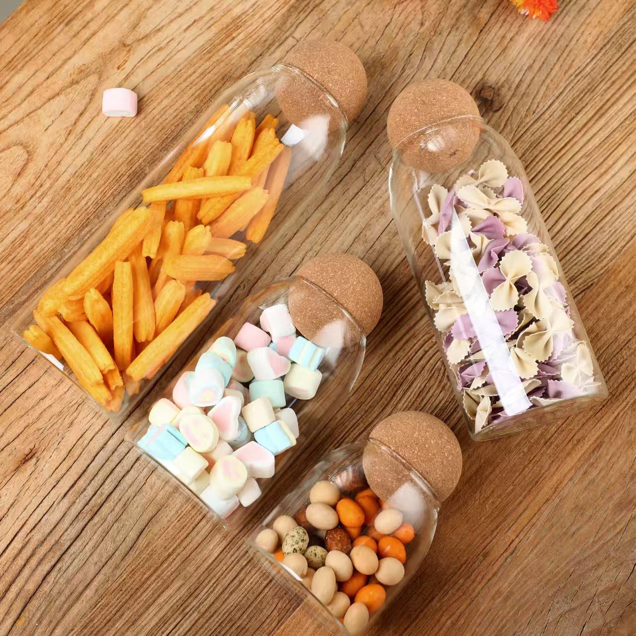 Glass Storage Jar with Ball Cork Lid, Clear Glass Canisters with Cork Ball,4Pcs High Borosilicate Glass Sealed Jar 16oz 26oz 36oz 46oz, Used for Storing Candies, Salt, Tea, Seasonings, Cookies, etc