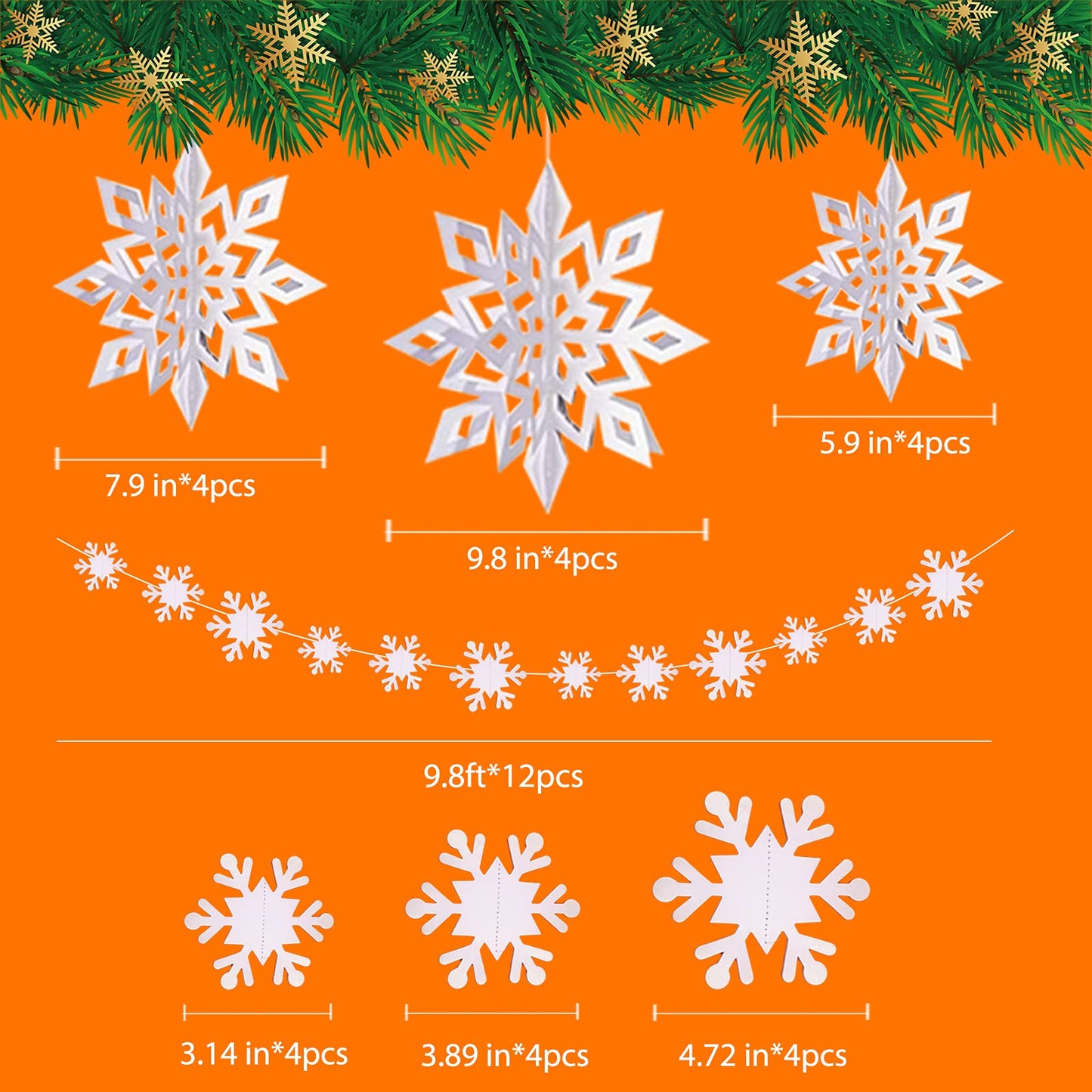 12PCS Winter Christmas Hanging Decorations - 3D White Paper Snowflake Garland with Snowflake Banner for Christmas Holiday Winter Wonderland Frozen Party Decorations