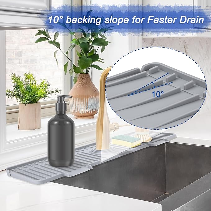 20 inch Kitchen Sink Splash Guard, 10° Large Slope & Adaptable Hole Faucet Mat