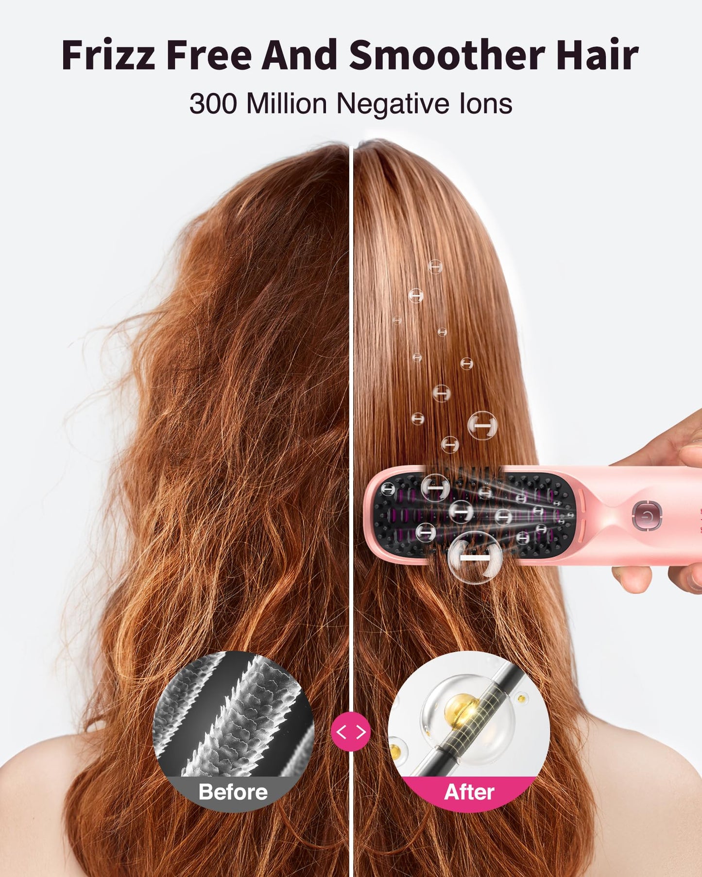 Cordless Hair Straightener Brush - Portable Hair Brush for Travel - 30s Fast Heating - 300 Million Negative Ions for Frizz-Free Shine,Touch Up On-The-Go,Gift for Women,10000mAh