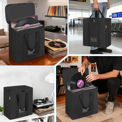 IBVIVIC Vinyl Record Storage Box with Lids and Handle Vinyl Album Storage Case Bag for 7/10/12 inch LP, Collapsible Crate Holds up 50+ Single Record (Black)