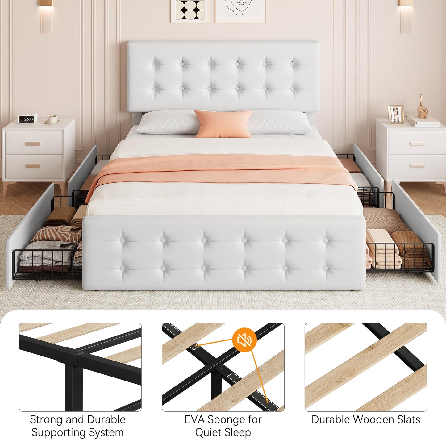 GarveeHome Full Size Bed Frame with 4 Storage Drawers and Headboard, Faux Leather Upholstered Platform Bed Frame with Wooden Slats Support, Button Tufted Design, No Box Spring Needed, White