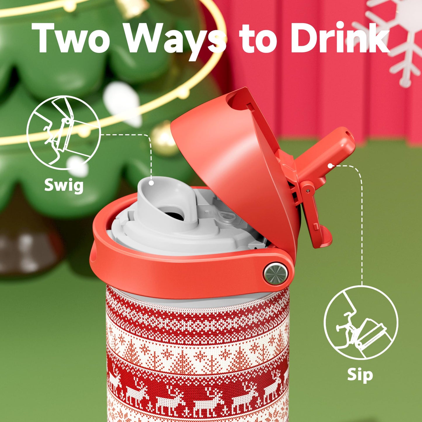24 oz Insulated Water Bottle for Christmas: Meoky Stainless Steel Water Bottle with Straw and Spout Lid - Leak Proof, Cold for 24 Hours, Fits in Car Cup Holder, Christmas Gifts for Adults, Merry Trio