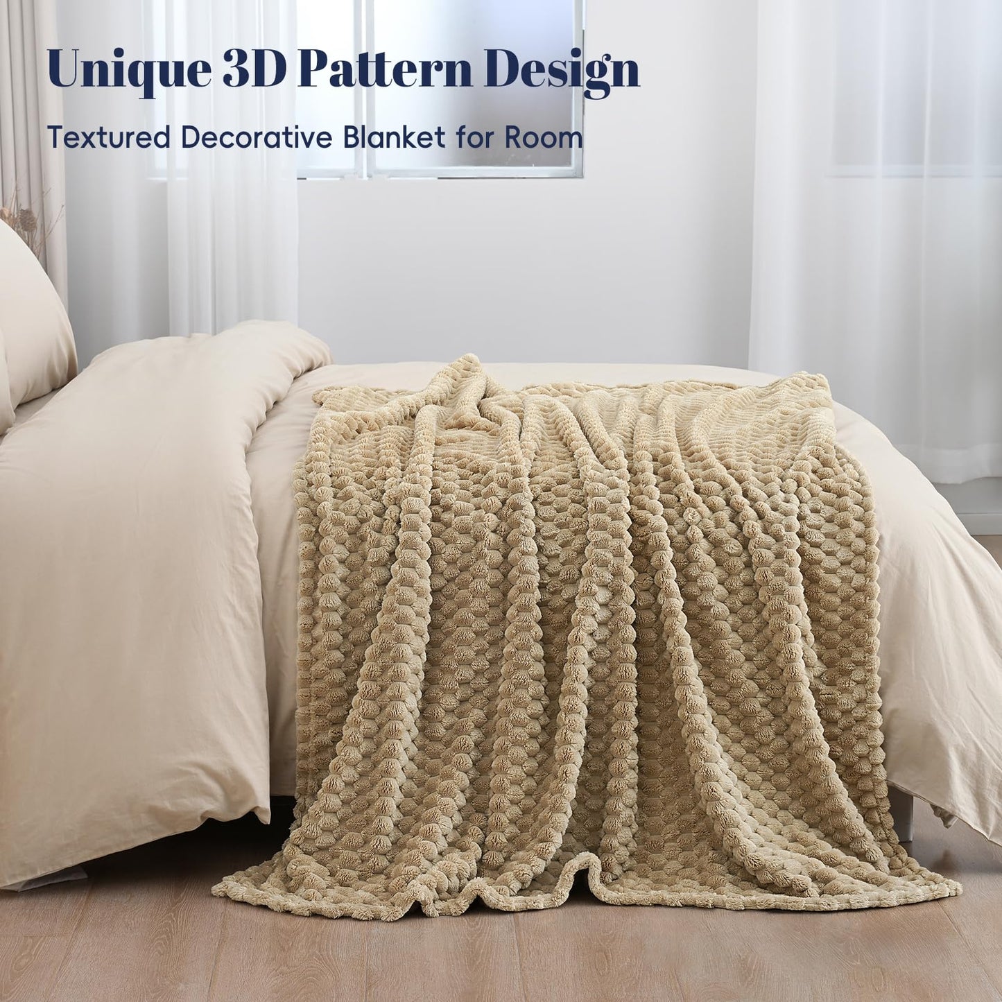 PHF Ultra Soft Flannel Fleece Throw Blanket, Lightweight 3D Jacquard Fleece Blanket, No Shedding, No Pilling, Luxury 340GSM Fluffy Cozy Throws for Couch Room Decor, 50"x60", Khaki