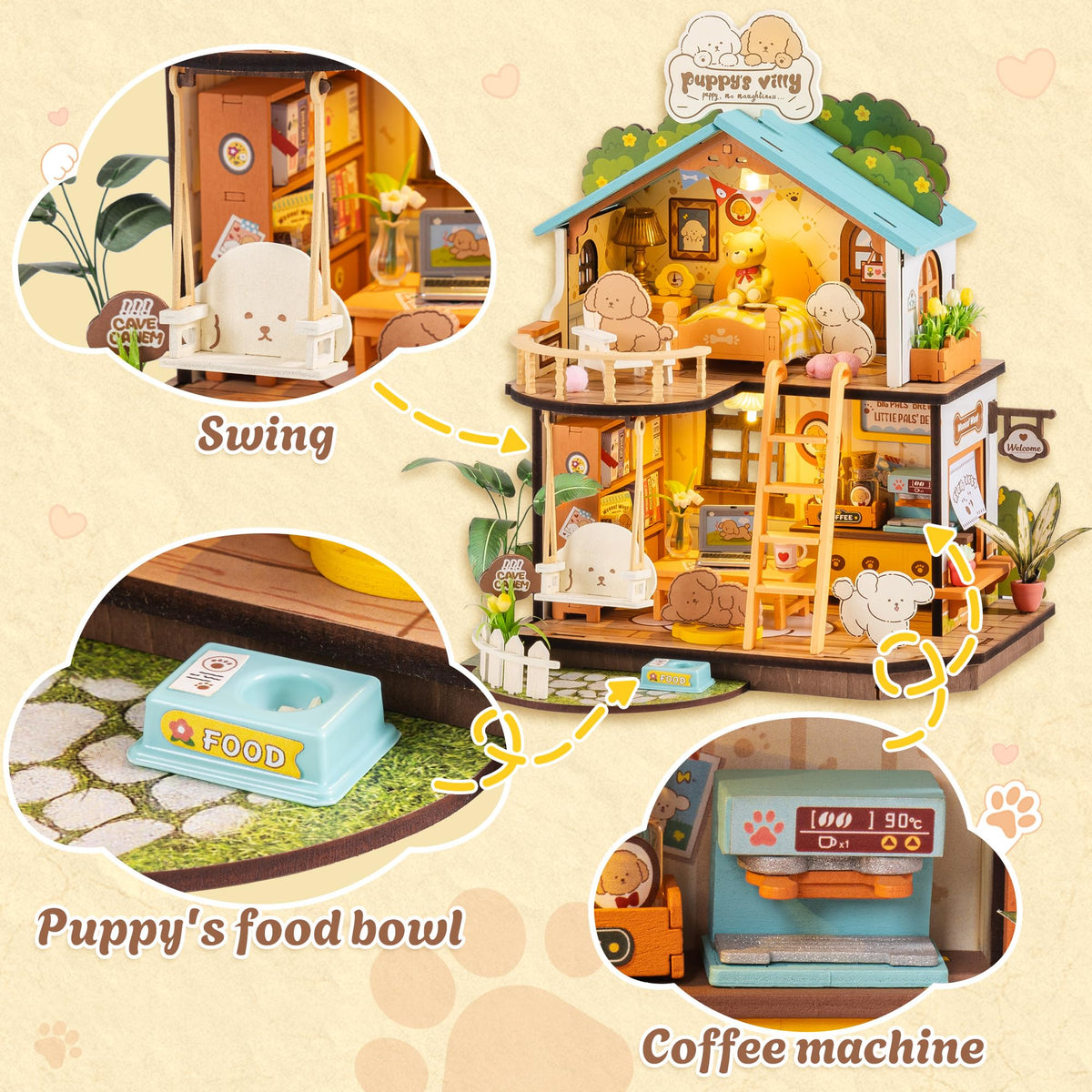Rolife DIY Miniature House Kits Puppy's Cozy Villa, DIY Crafts for Adults Miniature Model Set, Tiny House Duplex Villa with Puppy, Hobbies & Birthday for Friends (230PCS)