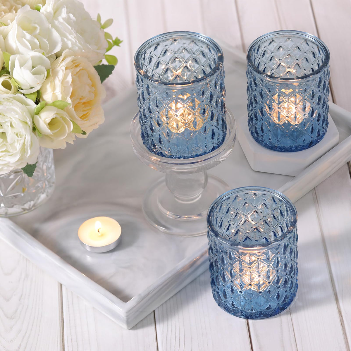 8 Pcs Large Votive Candle Holders Blue Tea Light Candle Holders Glass Candle Holder for Wedding, Bridal Shower, Table Centerpiece, Party, Home Decor