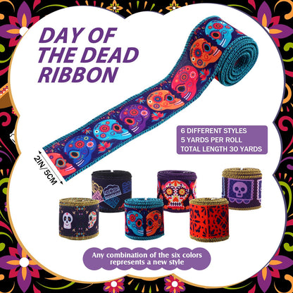 6 Rolls 30 Yards Days of The Dead Ribbons 2'' Mexican Dia De Los Meurtos Ribbon Wired Edge Sugar Skull Papel Picado Skeleton for Wreath Bows DIY Craft Gift Wrapping Halloween Mexican Party Supplies