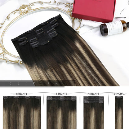 Moresoo Clip in Hair Extensions Real Human Hair Balayage Black to Brown with Caramel Blonde Double Wefted Clip in Human Hair Extensions Full Head 24 inch 7Pcs/120G #1B/3/27