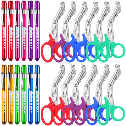 Chumia 24 Pack Trauma Shears Pen Light Bulk for Nurses Nursing Scissors with Pupil Gauge Bandage Nurse Scissors LED Penlight Medical Accessories Gifts for Doctor CNA RN First Aid EMT EMS (Rainbow)