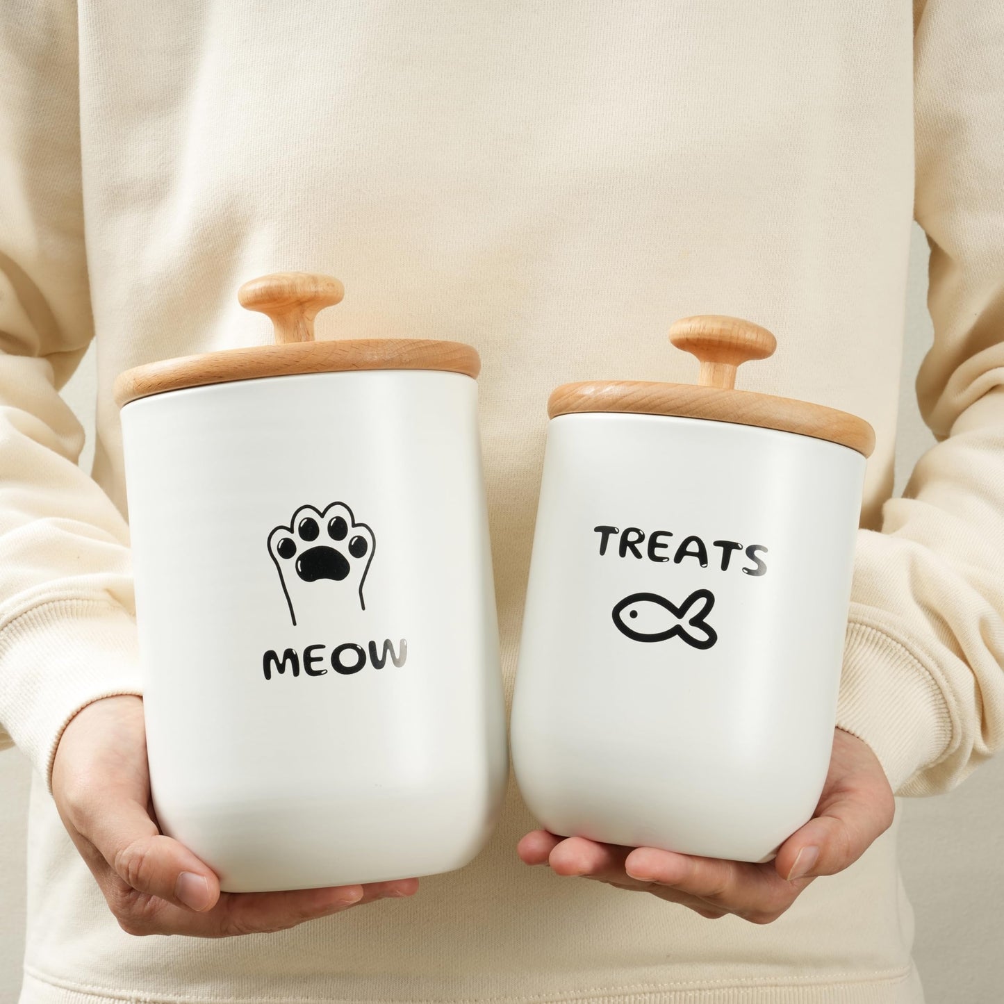 OTTENON Cat Treat Container with Airtight Lid, Cat Food Oganizer Dry Food, Cat Food Storage Containers, Pet Treats Canister, Cat Treat Jar Set of 2-8.3x4.9 & 7.1x4.3 (White)