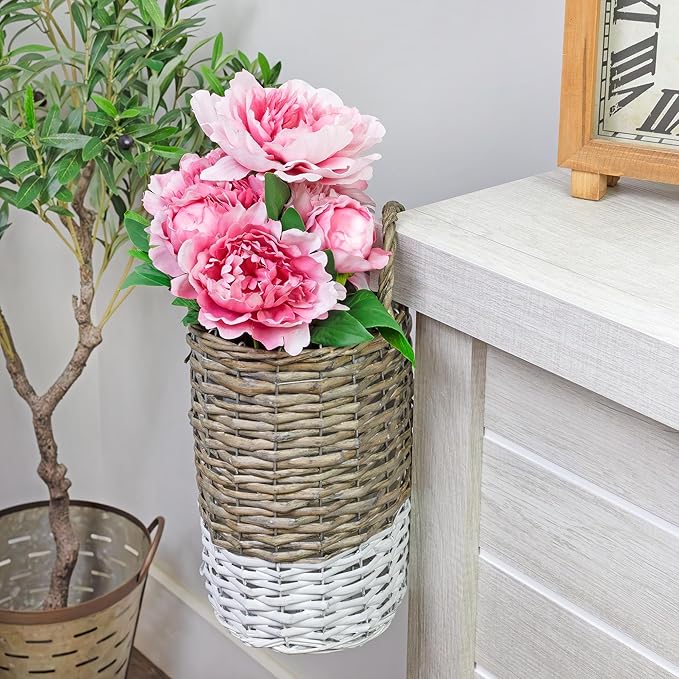 AuldHome Design Wall Hanging Baskets; Woven WIcker Rustic Farmhouse Two-Tone