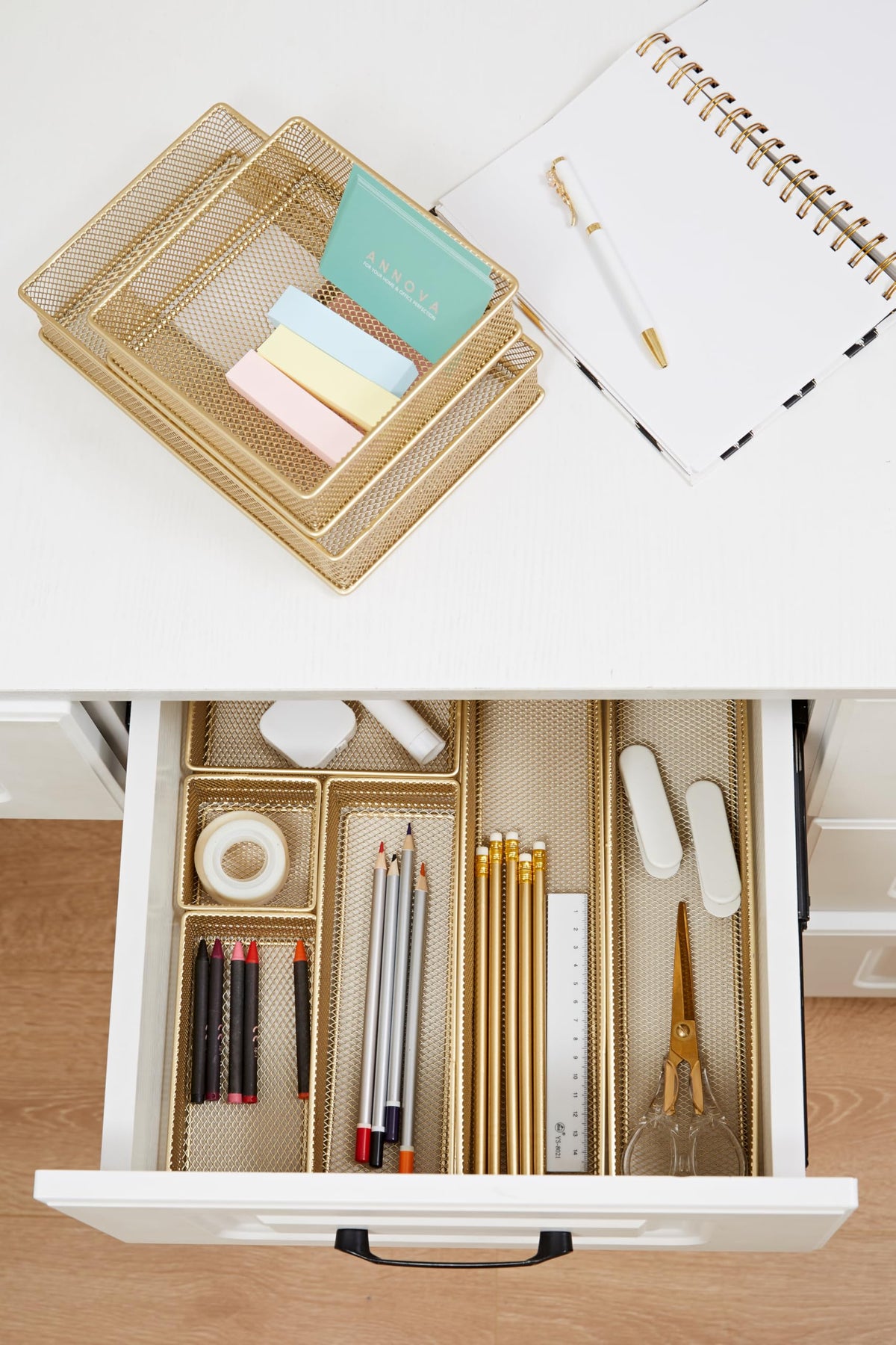 Annova Mesh Stackable Drawer Cabinet and Shelf Organizer Bins Storage Basket School Office Supply Holder Tray- Set of 2 (Gold, 6x9x2 Inch)