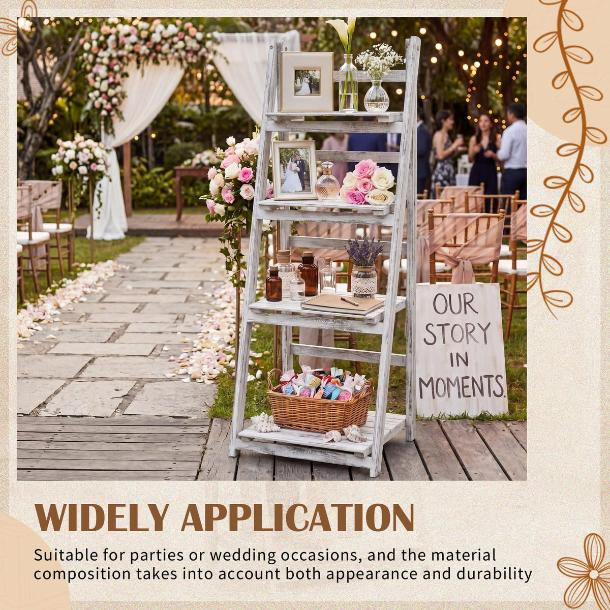 Sintuff White Wooden 4-tier Foldable Ladder Shelf, Sturdy Dessert & Snack Display Stand for Birthday Party & Wedding, Indoor Stand Corner Storage Bookshelf, Rustic Storage Rack, No Tool Assembly