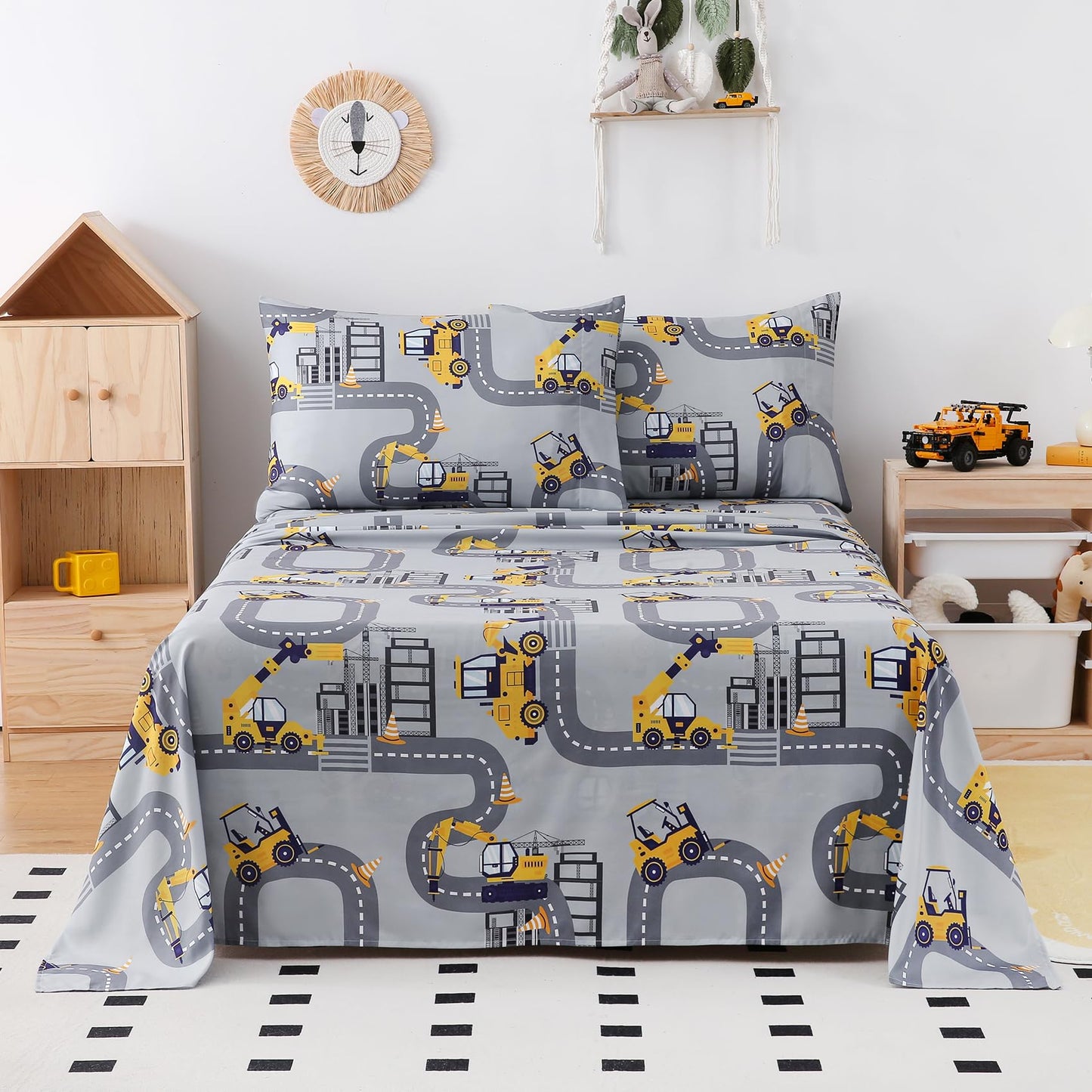 Yibeizi Full Size Sheets Set Kids, Grey Truck Pattern Microfiber Double Bed Sheets, Cute Soft Oeko-Tex Extra Deep Pocket Sheets & Pillowcases Cooling Hypoallergenic Wrinkle Free Bedsheets