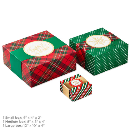 Hallmark Christmas Gift Boxes 3-Pack Assorted Sizes (Red & Green Stripes, Plaid, Polka Dots) for Hostess Gifts, Holiday Parties, Wrapped Treats