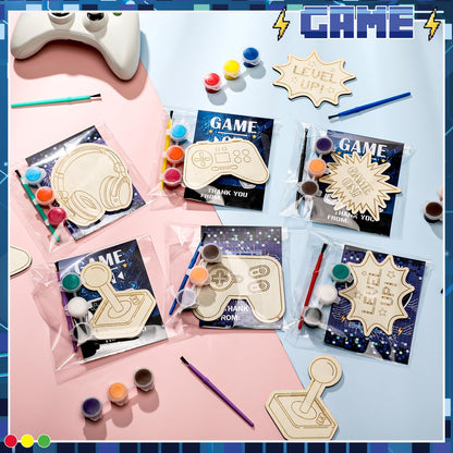 Chunful 24 Sets Video Game Party Favors Video Game Wooden Painting Crafts Kits DIY Gaming Paint Arts and Crafts Gifts for Home Birthday Gaming Theme Party Decoration Craft Project