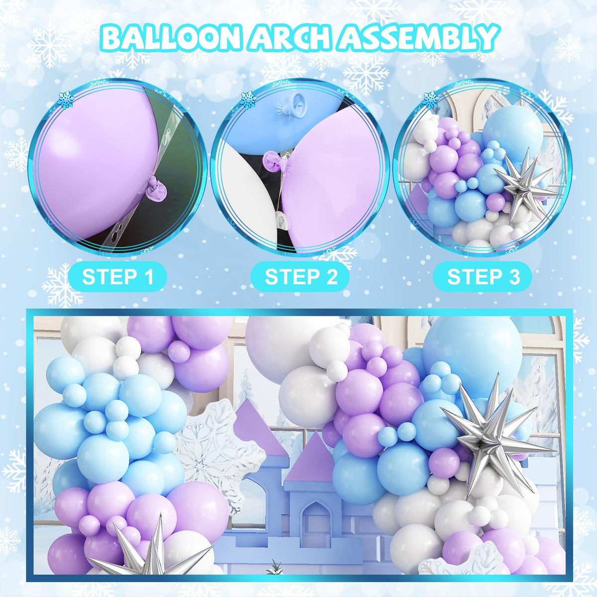 Winter Wonderland Balloon Arch Garland Kit, Baby Blue Purple Balloons with Spike Star Snowflake Foil Balloons for Ice Wonderland Christmas Baby Shower Snow Princess Birthday Party Decorations Supplies