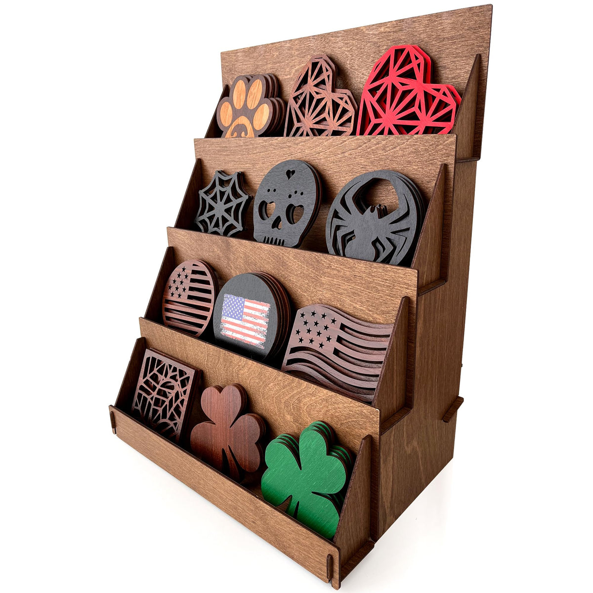 Walnut Portable 4 Tier Greeting Card & Rack Card Display - Counter Top Craft Show Stand - Coaster Display Rack - Farmers Market Tabletop Stand