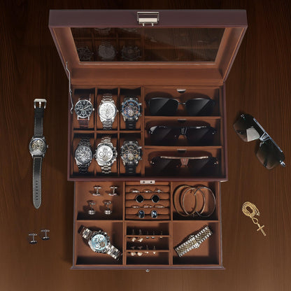 GLJ Jewelry Box for Men, 6 Slot Watch Box Jewelry Organizer With Drawer, Watch Case for Men with Large Window, 2-Layer Watch Holder, Sunglasses Storage Organizer, Velvet Lining, PU Leather, Gift Idea