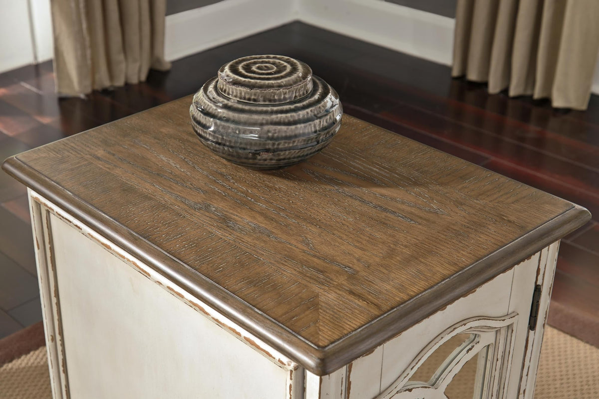 Signature Design by Ashley Realyn Chairside End Table, Living Room Side Table, Antique Two-Tone Mirrored Door, Ash Veneer, Wood and Engineered Wood, White/Brown, 18"W x 24"D x 25"H