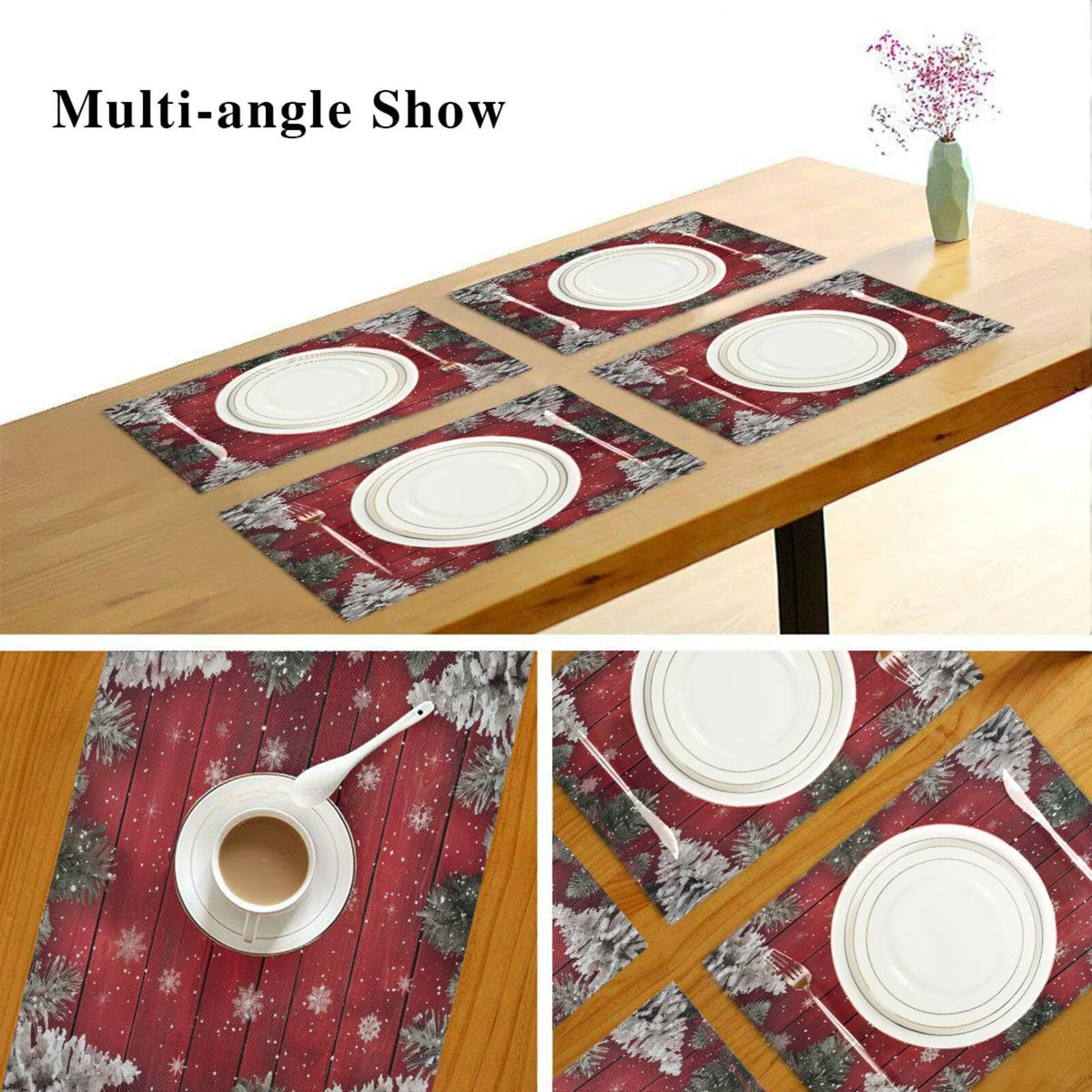 Christmas Placemats Set of 6 Happy Red Wooden Christmas Trees Placemat Table Place Mats for Dining Kitchen Table Easy to Clean Washable