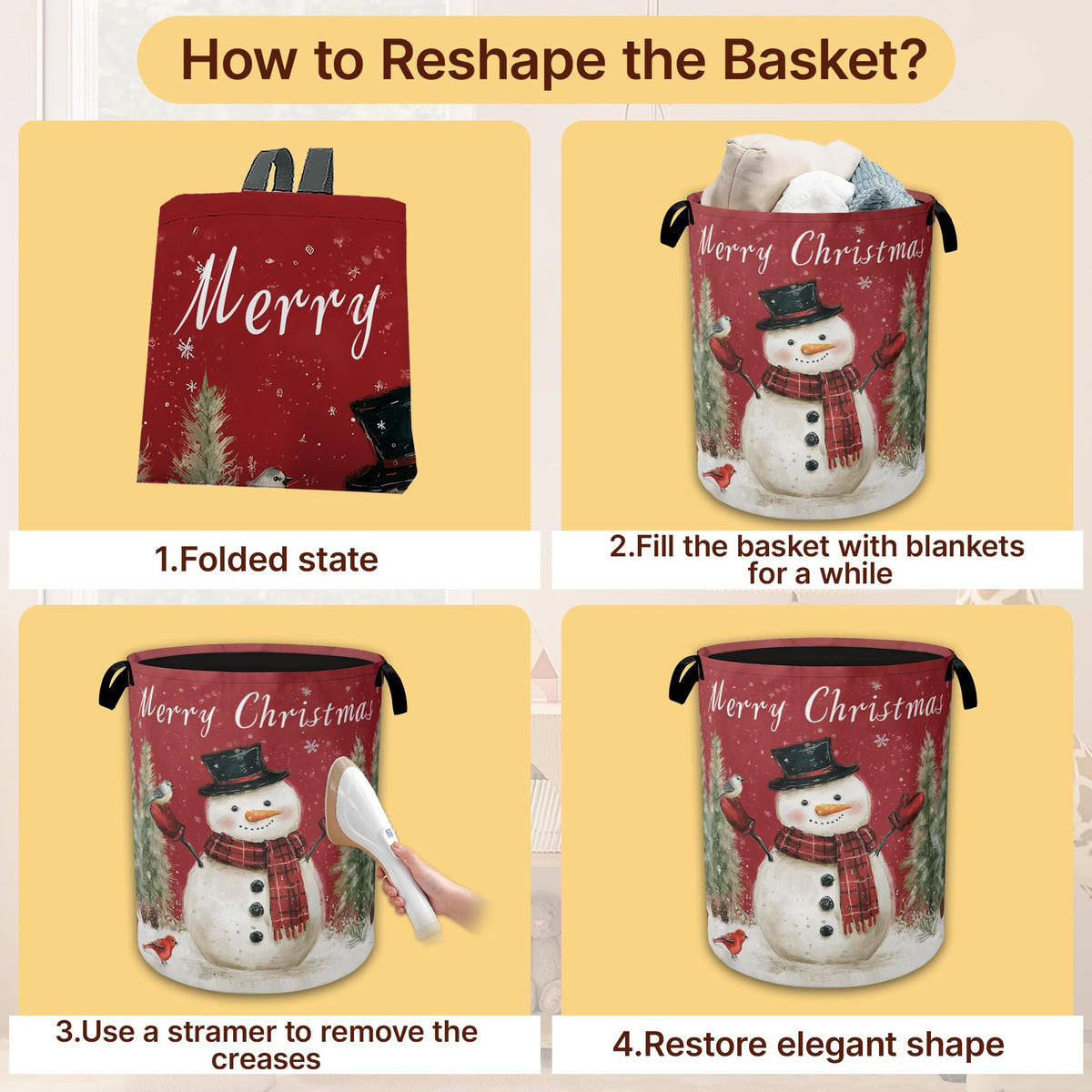 Snowman Bird Collapsible Laundry Basket,Merry Christmas Waterproof Oxford Cloth Hamper with Handles,Portable Storage Organizer for Laundry Room Bedroom