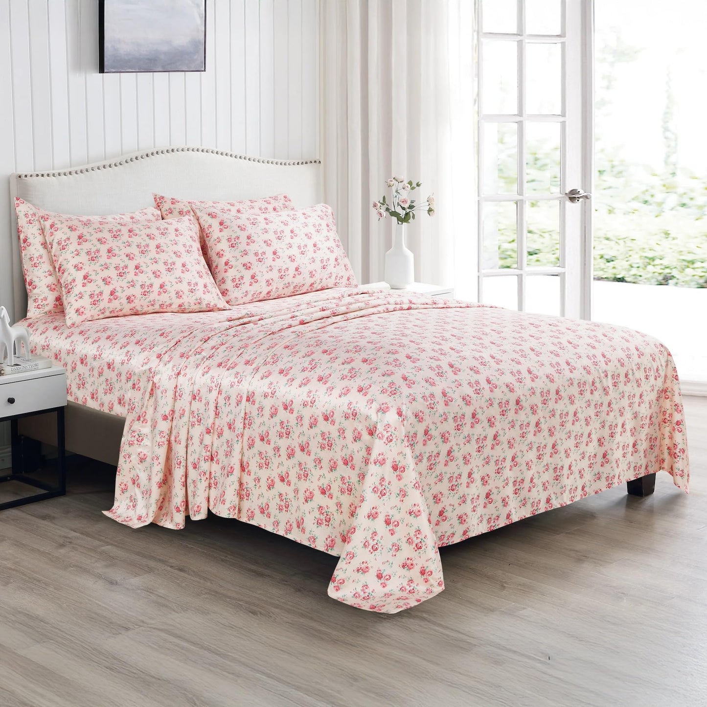 Modern Threads Satin Sheets, 6-Piece Luxury Silky Soft Bed Sheet Set with Deep Pocket Fitted Sheet, 4 Pillowcases, Wrinkle Resistant, Sheet Organizer and Storage, Pink Roses, Queen
