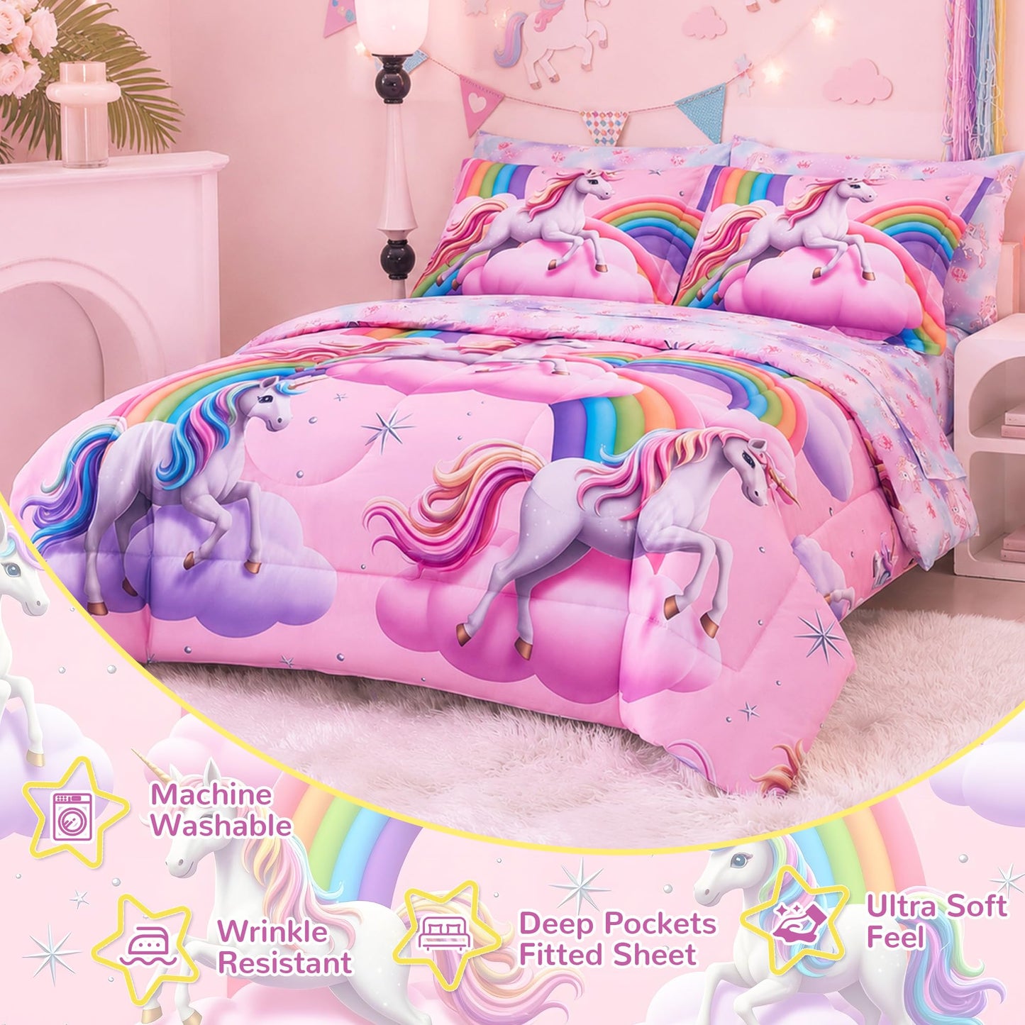 Viviland Kids Twin Bedding Sets for Girls, Soft Twin Comforter Set with Sheets, 5 Pieces Microfiber Bed in a Bag, White Unicorn Pink Cloud Rainbow