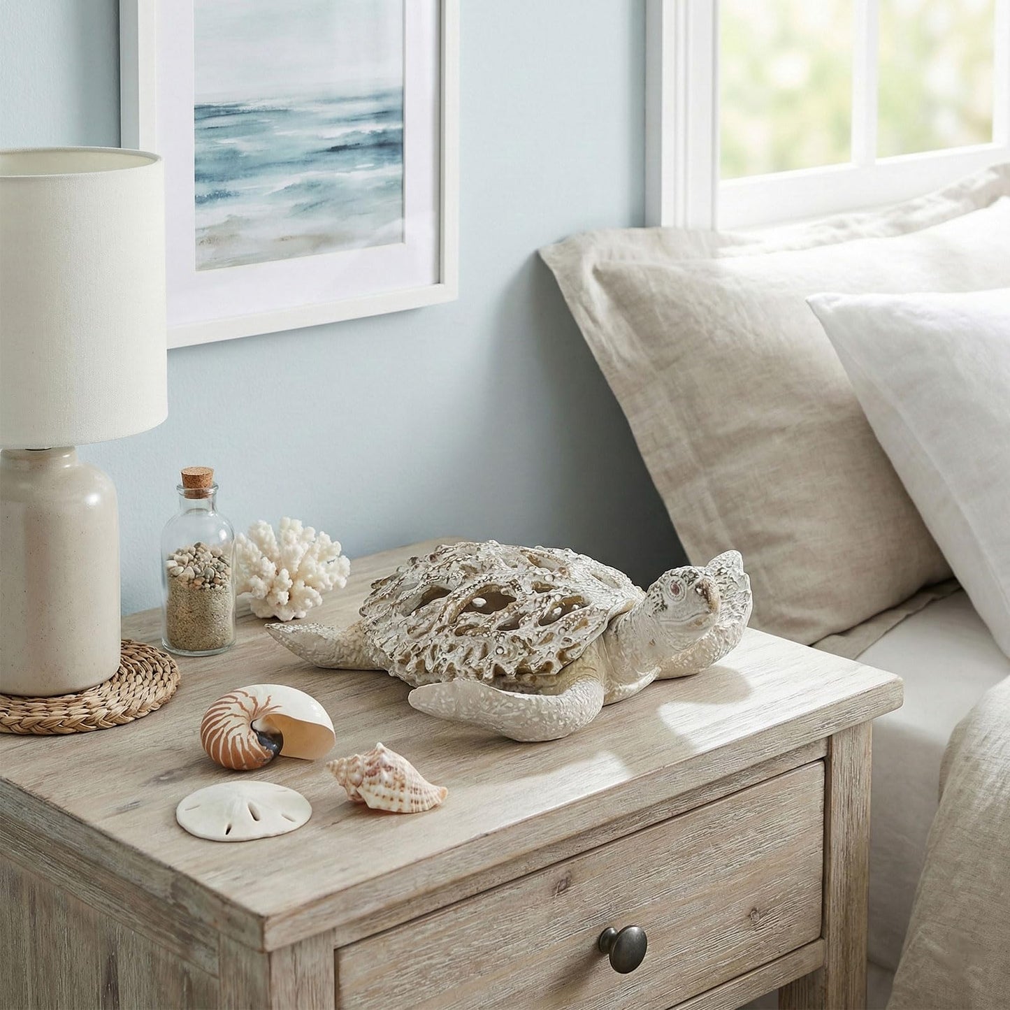 Beach Coastal Decor Coral Turtle Figurines - Nautical Ocean Decor Resin Teal Desk Coral Turtle Statue for Living Room, Bathroom, Office, Beach House, Seaside, Entrance, Shelf decor (Sandstone White)