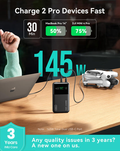 INIU 140W Power Bank, 27000mAh High Capacity Laptop Portable Charger, USB C in&Out Tablet Powerbank, Digital Display Phone Charger, Travel Charger Compatible with iPhone 17 16, iPad, MacBook, Laptop