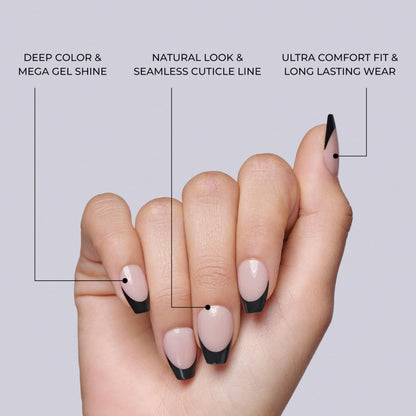KISS Salon Acrylic, Press On Nails, Nail glue included, 'Flame', Dark Black, Short Size, Coffin Shape, Includes 28 Nails, 2g glue, 1 Manicure Stick, 1 Mini File