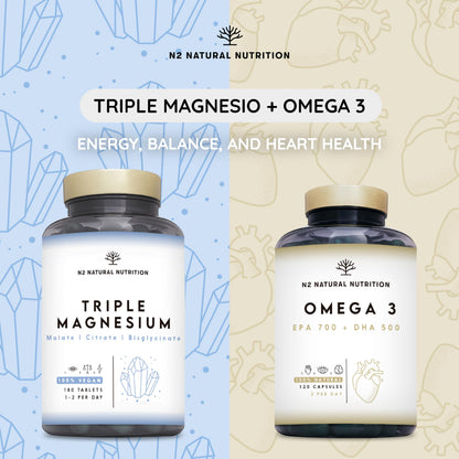 Triple Magnesium Glycinate 3-in-1 (6 Months) 2640 mg Magnesium, Synergistic Complex with Malate, Citrate, Bisglycinate for Sleep, Energy, Muscles and Bones. 180 Tablets. N2 Natural Nutrition