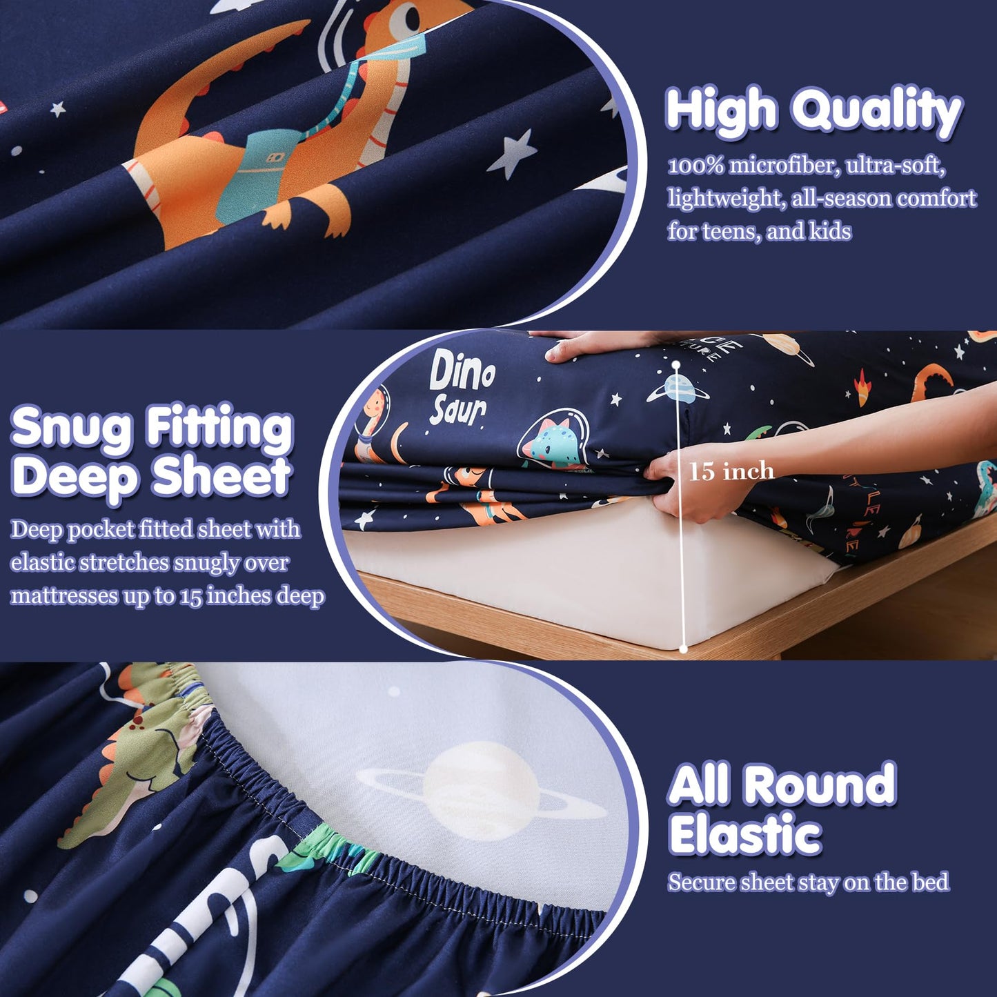 CIMVI Kids Full Size Bed Sheets Dinosaur Space Sheet Sets for Boys 15-Inch Deep Pocket Fitted Sheet Soft Breathable Microfiber Bedsheet with Pillowcase Children Room Decor