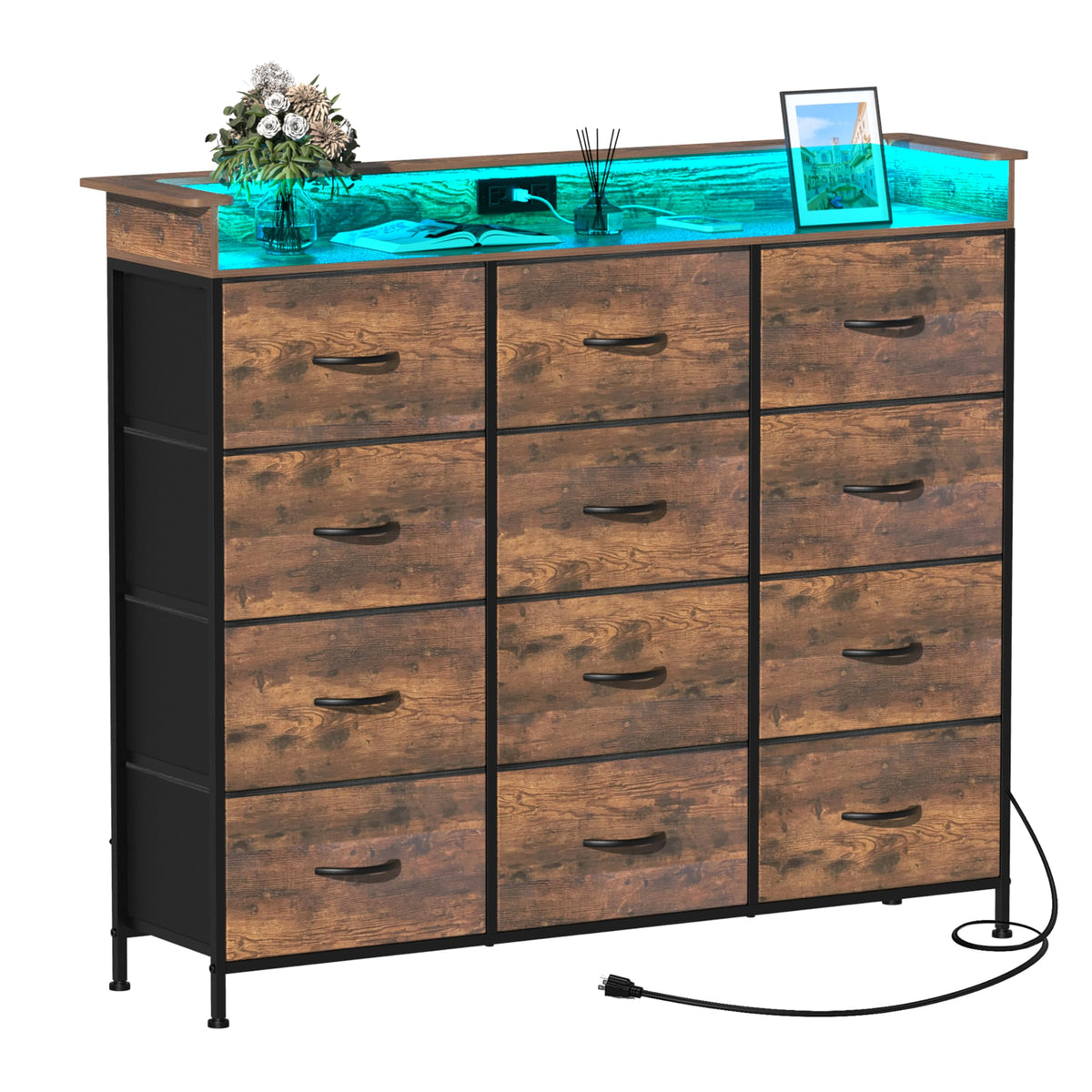 Welfuturer Dresser for Bedroom with 12 Drawers Clothes Dresser with Charging Station and LED Light Fabric Storage Tower for Living Room Hallway Closet Sturdy Steel Frame Wooden Top Rustic Brown