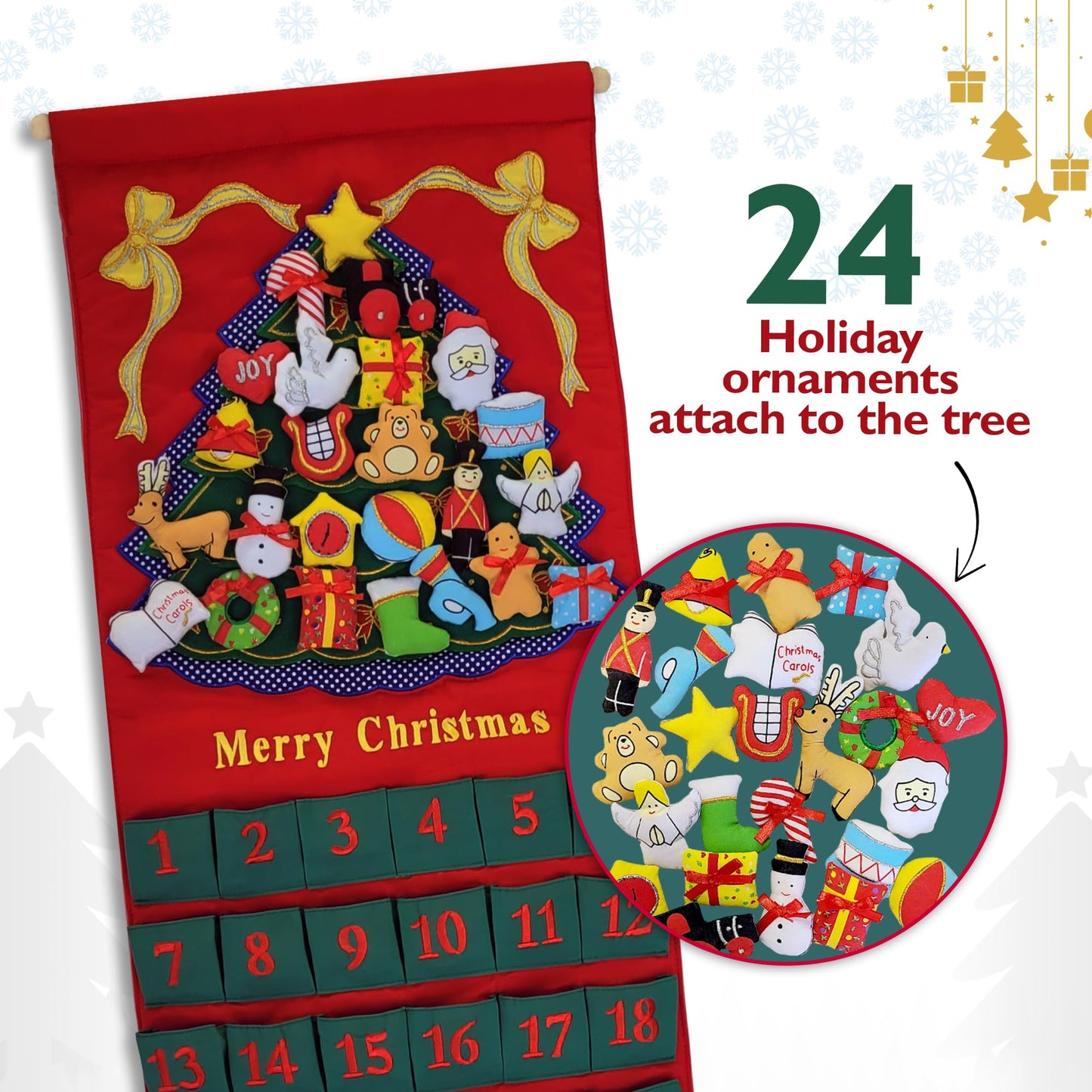 Merry Christmas Green Tree Advent Calendar by Pockets of Learning | Festive Holiday Décor, Seasonal Fabric Wall Hanging | Cloth Christmas Countdown w/ 24 Stuffed Cloth Ornaments
