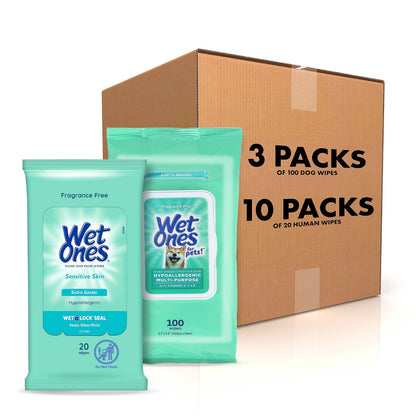 Wet Ones Mixed 13 Piece Bundle of Human & Pet Wet Wipes, Hypoallergenic | 10 Packs Sensitive Skin Hand and Face Wipes, 20 Ct Plus 3 Packs for Pets Hypoallergenic Dog Wipes, 100ct