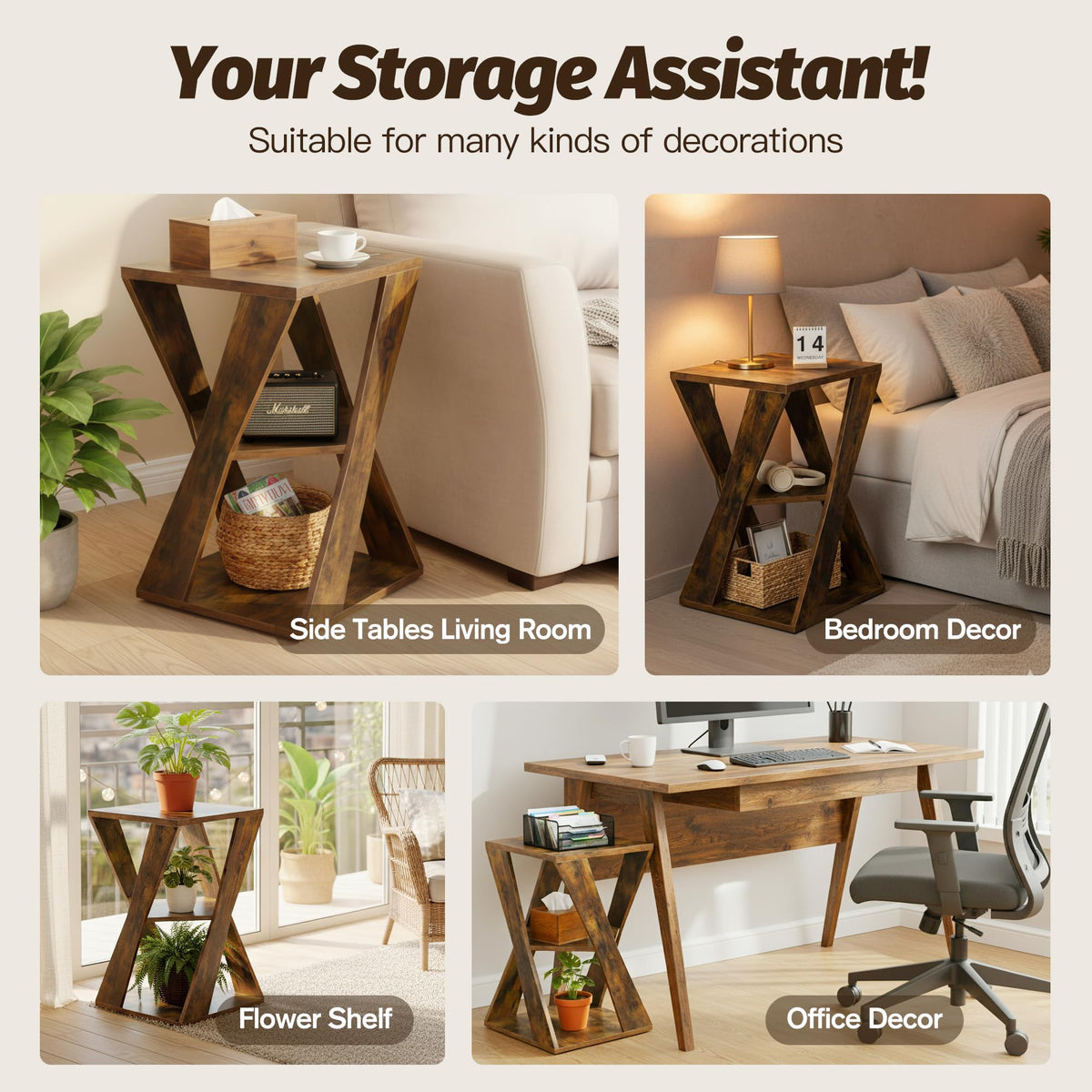 HOMELA End Table Modern Wooden Side Table, Nightstand for Small Spaces, End Table for Living Room, Bedroom Nightstand, Office, Bathroom (Rustic Brown+Classic Black)