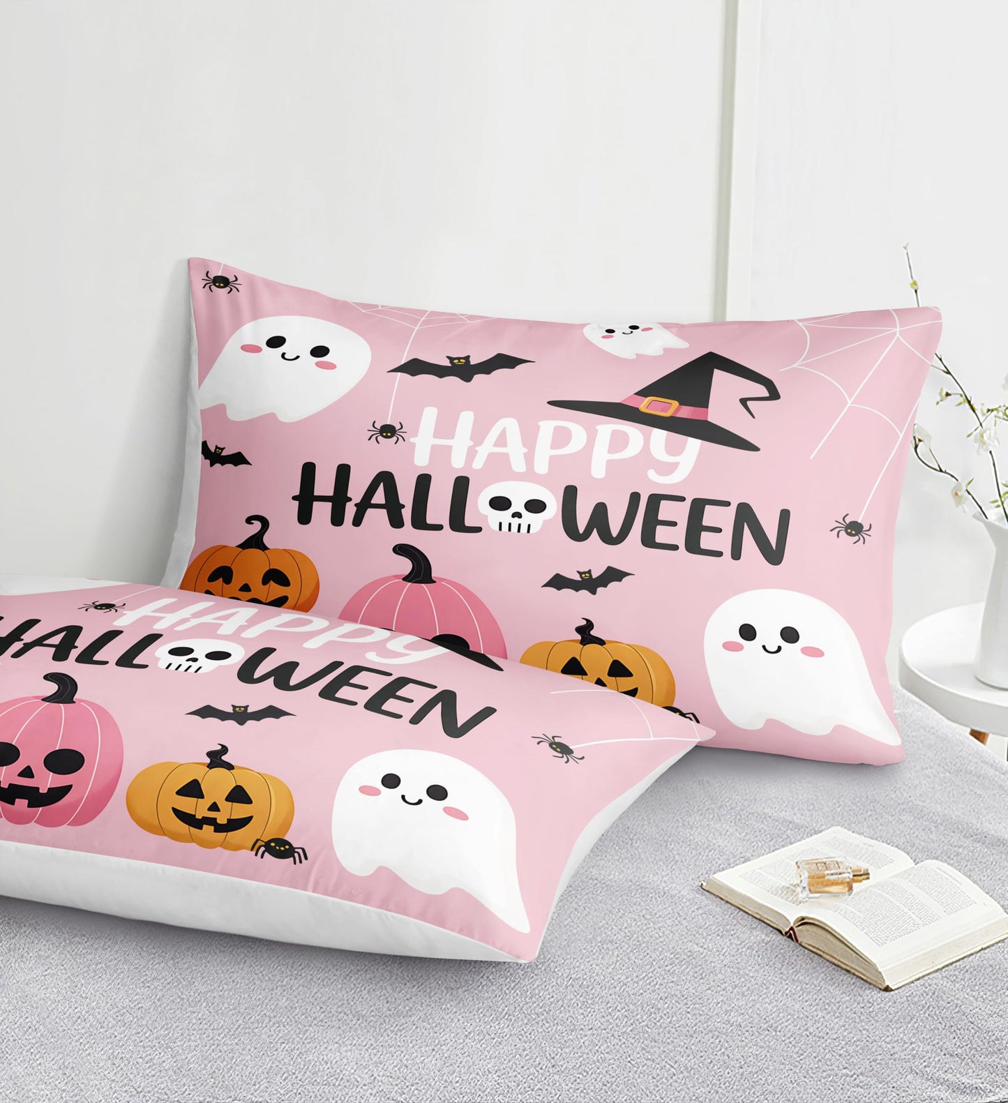 Pumpkin Ghost Comforter Set Girls Pink Halloween Bedding Set Orange Pumpkin White Ghost Bat Spider Cute Cartoon Bedding Kids Teens Happy Halloween Bed Set King Size