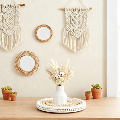 Tiangrid 3 Pieces Rustic Country Style Tabletop Centerpieces, Bohemian Style Ceramic Vase with Wooden Tray, Wooden Bead Garland, Tassel Table Stand for Home Decoration