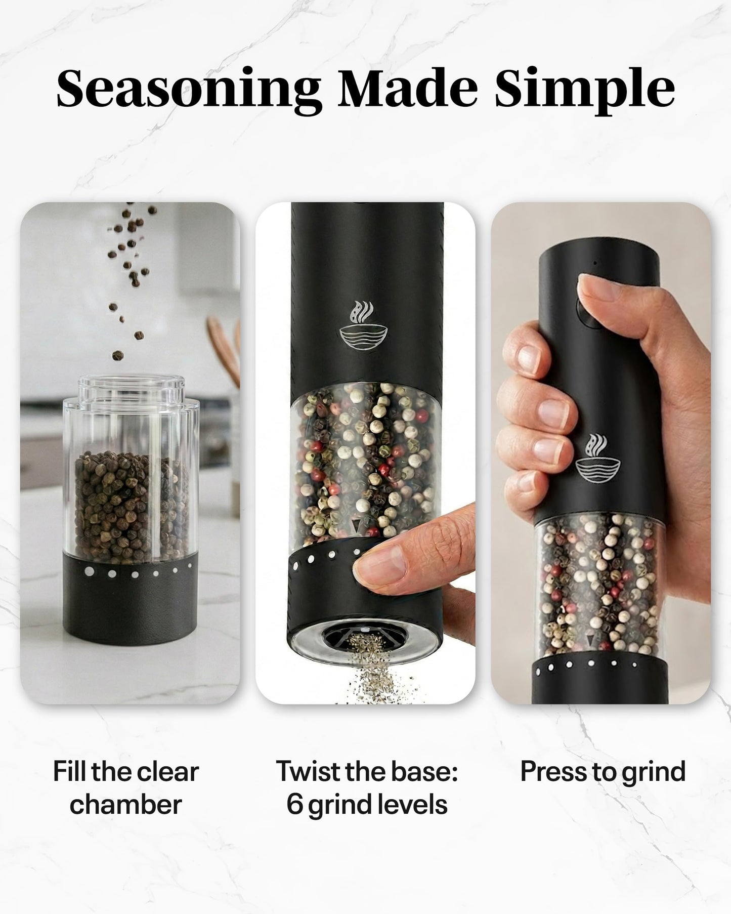 FLAVORAE Electric Salt and Pepper Grinder Set - Black 2 Pack Battery Operated Mills with 95ml Large Capacity, Adjustable Coarseness, Built-in LED Light, Automatic Salt & Pepper Shakers for Kitchen