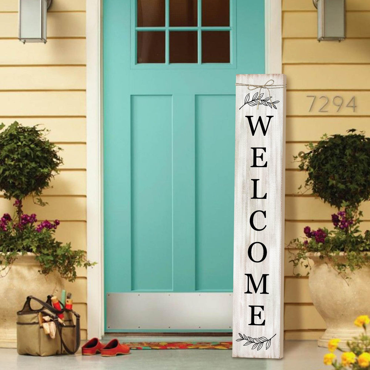 Welcome Sign for Front Porch Standing - Wooden Vertical Hanging Farmhouse Decor With Leaves for Front Door and Home Decorations 47.2"H