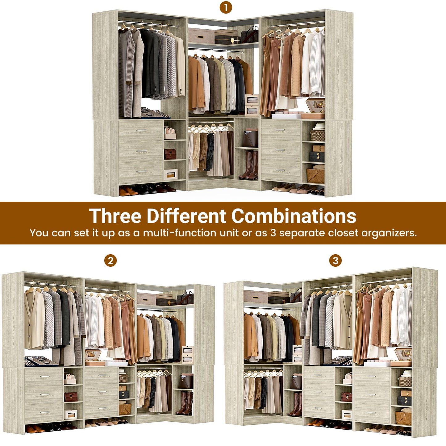 Aheaplus Closet System with 6 Drawers, 4 Hanging Rods & Corner Tower, Corner Closet System with Hanging,92.6" L-Shaped Walk-In Wardrobe Organizer, 2000+ lbs Capacity, Set of 3, White Oak
