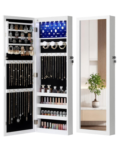 Nicetree 6 LEDs Mirror Jewelry Cabinet, Large Capacity Lockable Jewelry Armoire Organizer, Door or Wall Mounted Mirror with Jewelry Storage, Gift Idea, White