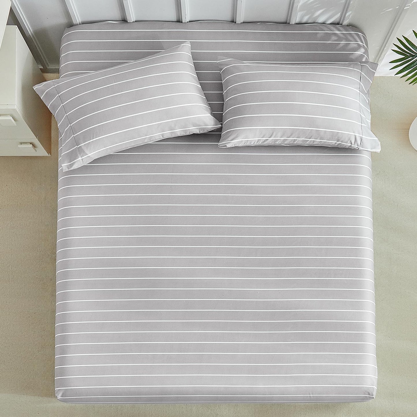 Tokokimo Gray Stripe Sheets Set King Size, 16 inches Deep Pocket Fitted Sheet, Flat Sheet & Envelope Closure Pillowcases, Soft Breathable Microfiber Sheet Set 4-Piece, Gray and White