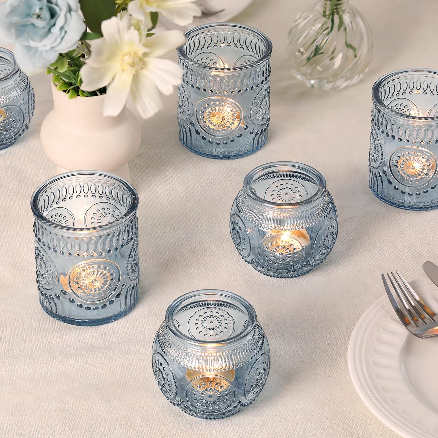 DARJEN Blue Votive Candle Holders- 10Pcs Glass Tealight Candle Holder, Size Upgrade Design for Home Decor, Elegant Candle Holder for Party & Dinner Table Centerpieces, Living Room Decor Gifts