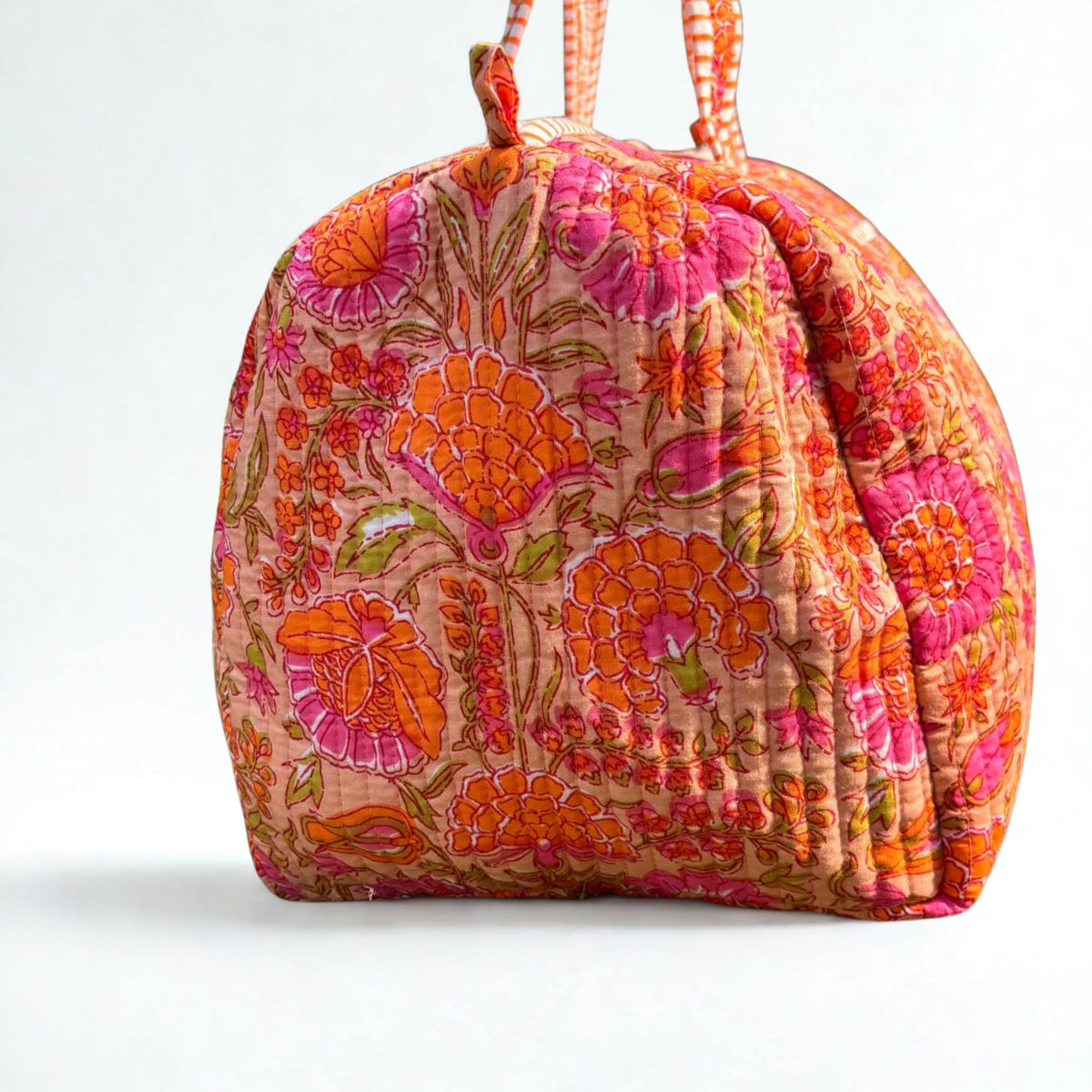 Large Orange Pink Cotton Quilted Duffle Bags Block Print Gifts Handmade Colorful Travel Night Travel Gym Yoga Luggage Pocket 18X9X9 inches