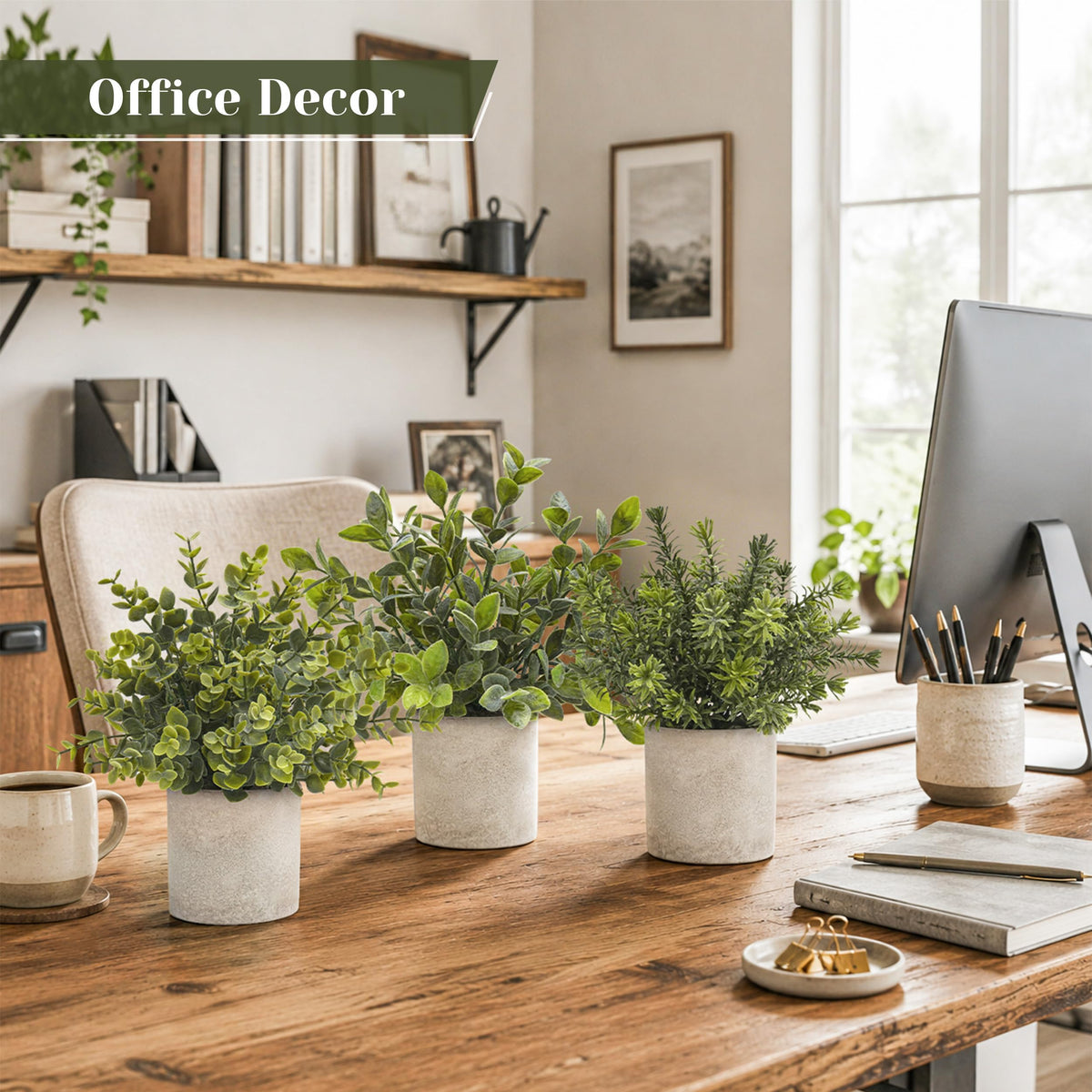 Der Rose 3 Pack Mini Potted Fake Plants Artificial Plastic Eucalyptus Plants Topiaries for Home Office Desk Farmhouse Shelf Room Bathroom Decor(Sage Green)