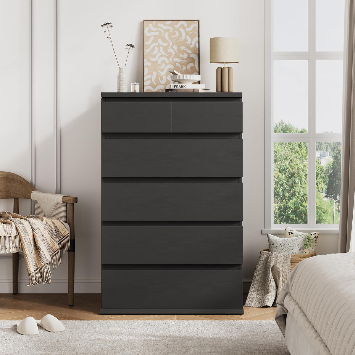 Jocoevol Black Tall 6 Drawer Dresser for Bedroom,Dressers & Chests of Drawers with Jewelry Storage,Wood Storage Dresser with Deep Drawers for Living Room Hallway Entryway(40.75" L*23.62" W*15.75")