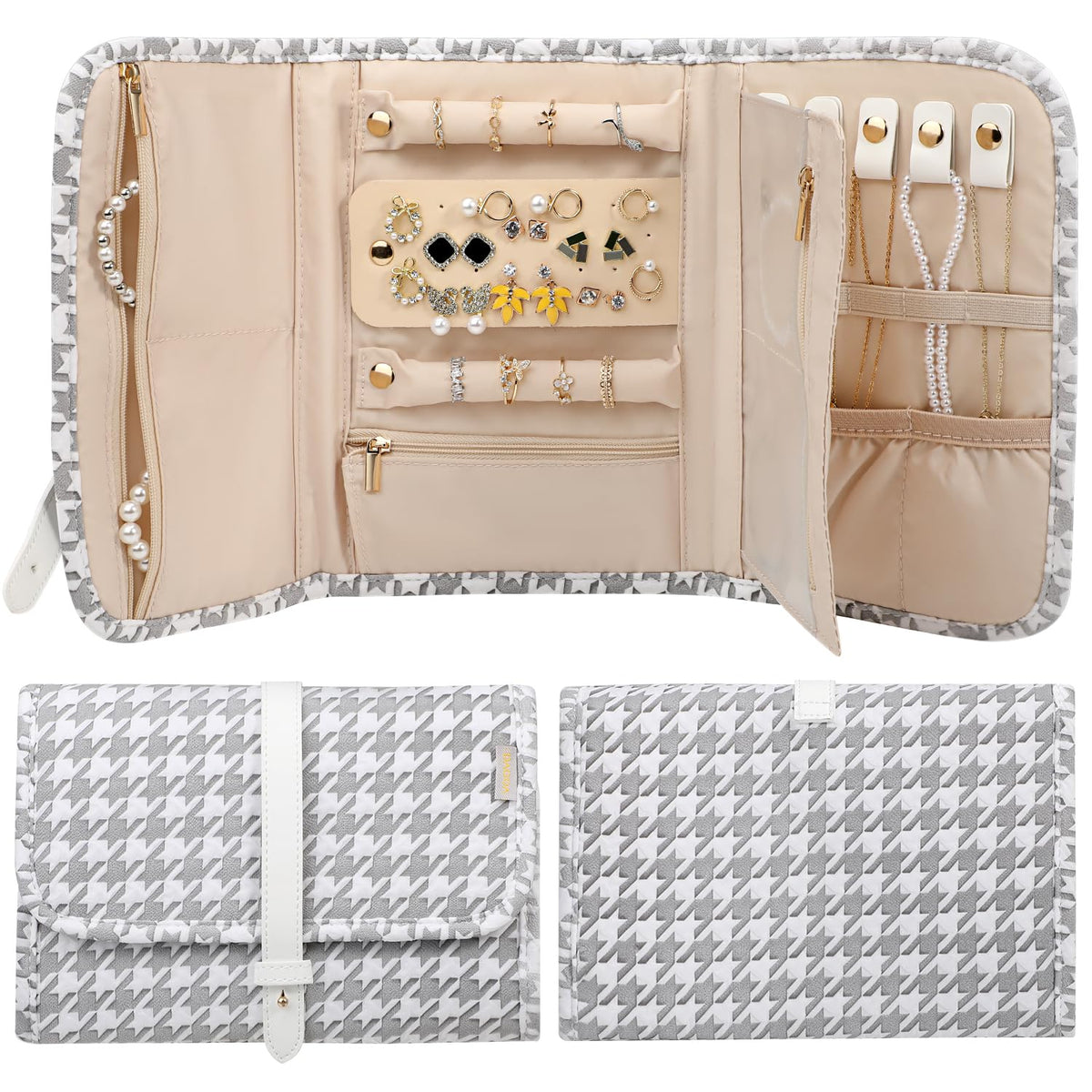 Voova Travel Jewelry Holder Organizer Case, Large Jewelry Storage Bag for Women Girls, Foldable Traveling Jewellery Pouch Roll for Necklaces Rings Earrings Bracelets, Grey+White